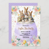 イースターティーパーティー 水彩うさぎ パープル パステル 招待状 (正面/裏面)