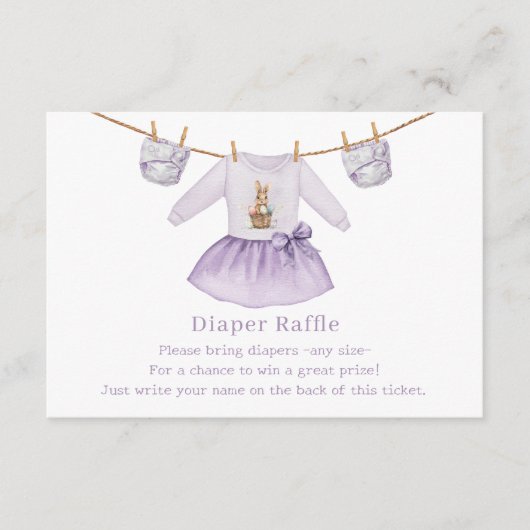 イースタードレスおむつラッフルパープルベビーシャワー エンクロージャーカード (正面)
