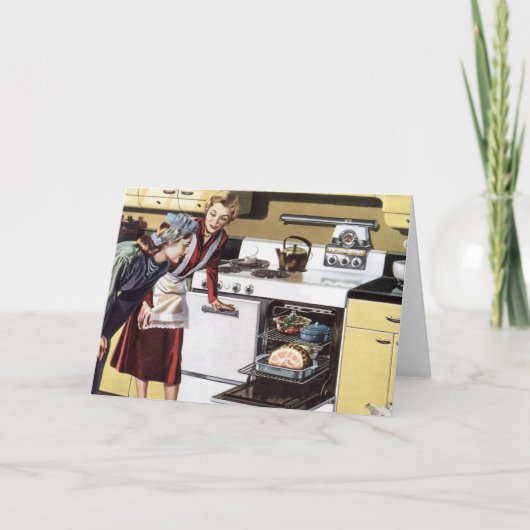 イースターハムを調理するキッチンのヴィンテージな母親 カード (正面)