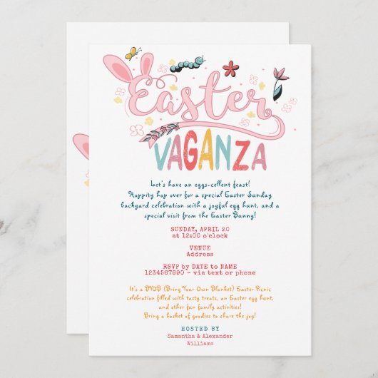イースターバガンザパスクアピクニックイースターバニーエッグ狩り 招待状 (正面/裏面)