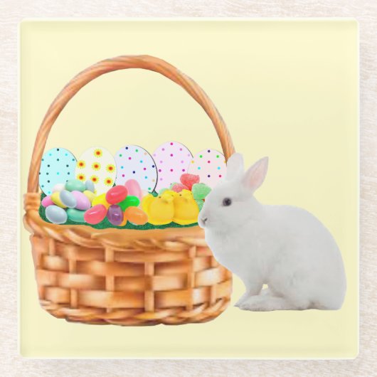 イースターバスケットとバニーガラスのコースター ガラスコースター (正面)