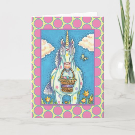 イースターバスケットのユニコーン、ファンタジーの挨拶状の詩 シーズンカード (正面)