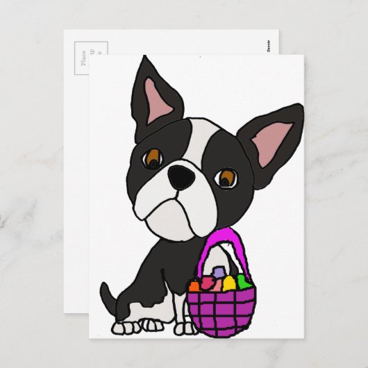 イースターバスケットを持つおもしろいなボストンテリア犬 シーズンポストカード (正面/裏面)