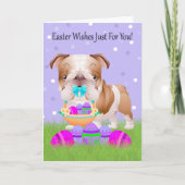 イースターバスケットを持つ小さいブルドッグとのイースター シーズンカード (正面)