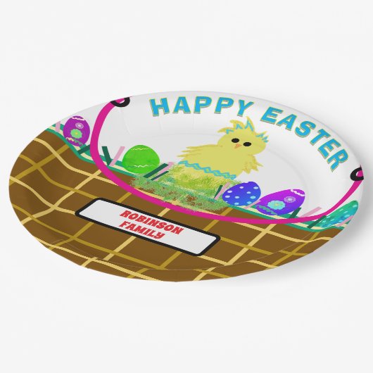 イースターバスケットイエローブルーストライプのシック卵 ペーパープレート (アングル)