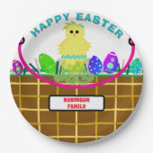 イースターバスケットイエローブルーストライプのシック卵 ペーパープレート (正面)