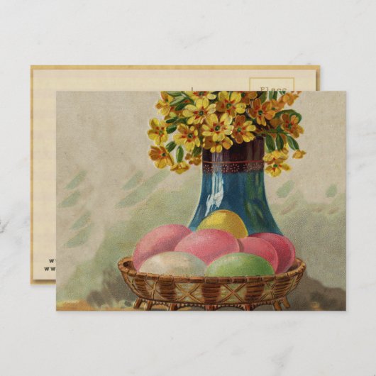 イースターバスケットエッグフラワーズアンティーク シーズンポストカード (正面/裏面)