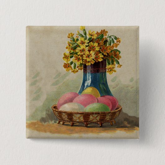 イースターバスケットエッグフラワーズアンティーク 缶バッジ (正面)