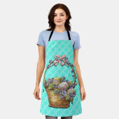 イースターバスケットターコイズ市松模様にデザインエプロン エプロン (着用した状態)