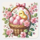 イースターバスケット ピンクの卵 黄色のひよこ スクエアシール (正面)