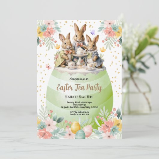 イースターバニーお茶会招待状 パステルグリーン 招待状 (スタンド正面)