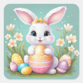 イースターバニーかわいいフローラステッカー春カラー スクエアシール