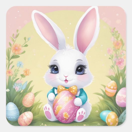イースターバニーかわいいフローラステッカー春カラー スクエアシール (正面)