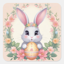イースターバニーかわいいフローラステッカー春カラー スクエアシール