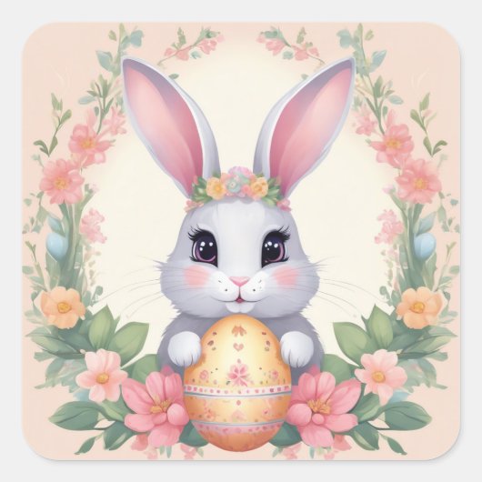イースターバニーかわいいフローラステッカー春カラー スクエアシール (正面)