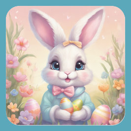 イースターバニーかわいいフローラステッカー春カラー スクエアシール