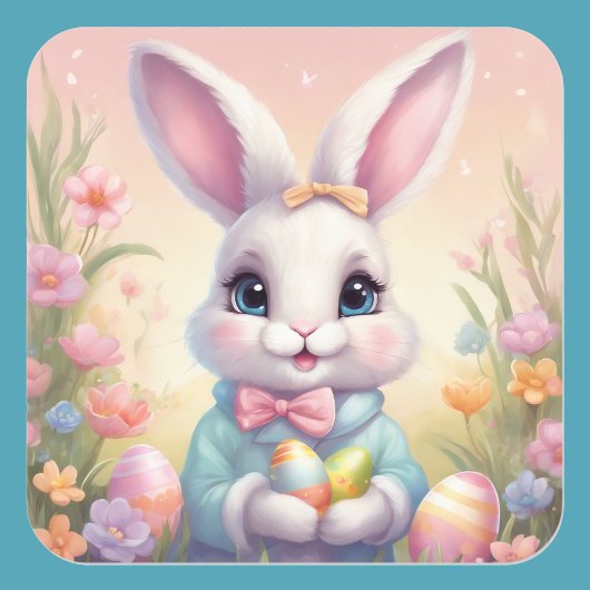 イースターバニーかわいいフローラステッカー春カラー スクエアシール