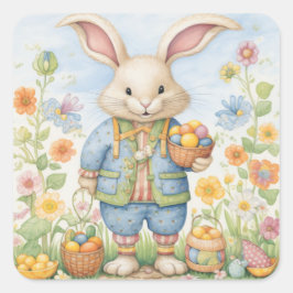 イースターバニーかわいいフローラステッカー春カラー スクエアシール