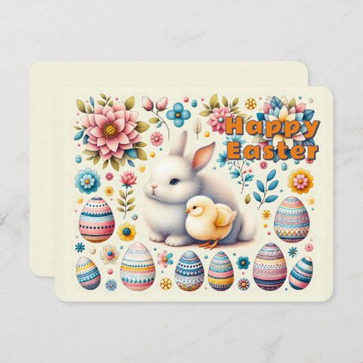 イースターバニーかわいい雛の卵の花のパターン –  シーズンカード (正面/裏面)