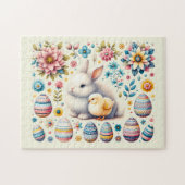 イースターバニーかわいい雛の卵の花のパターン –  ジグソーパズル (横)