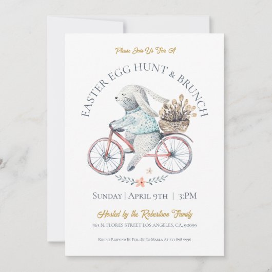 イースターバニーが自転車で春の花を運ぶ 招待状 (正面)