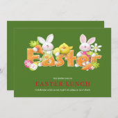 イースターバニーとおもしろい文字グリーティングカード 招待状 (正面/裏面)