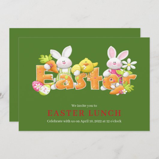 イースターバニーとおもしろい文字グリーティングカード 招待状 (正面/裏面)
