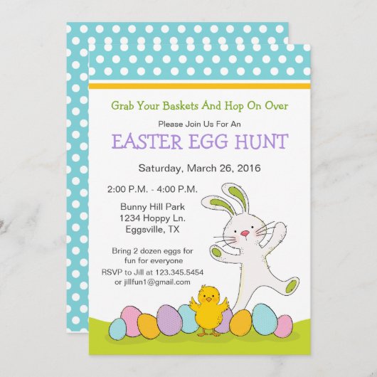 イースターバニーとひよこ イースターエッグハントへの招待 招待状 (正面/裏面)