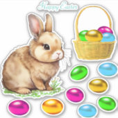 イースターバニーとイースターカラフルエッグステッカー シール (正面)