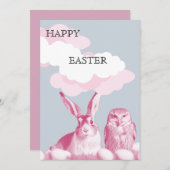 イースターバニーとイースターフクロウからのハッピーイースター シーズンカード (正面/裏面)