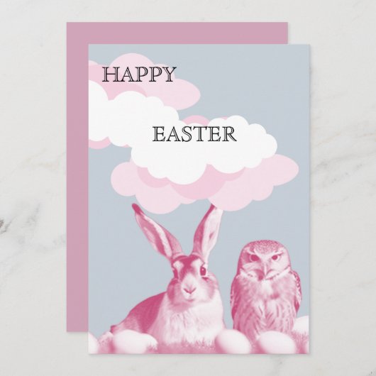 イースターバニーとイースターフクロウからのハッピーイースター シーズンカード (正面/裏面)