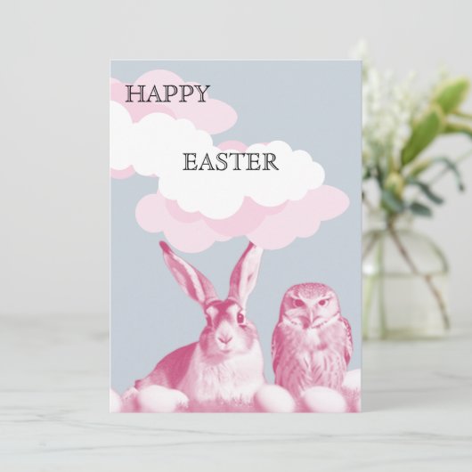 イースターバニーとイースターフクロウからのハッピーイースター シーズンカード (スタンド正面)