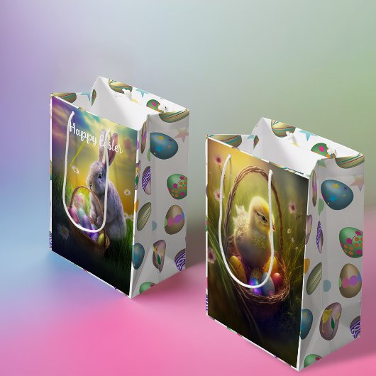 イースターバニーとエッグバスケット付き雛 ミディアムペーパーバッグ