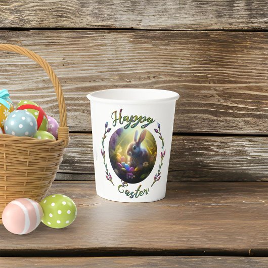 イースターバニーとエッグバスケット付き雛 紙コップ