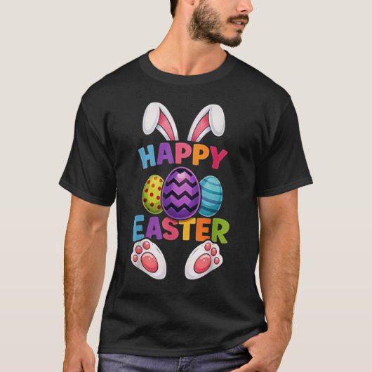 イースターバニーとカラフルな卵と足のデザイン Tシャツ (正面)