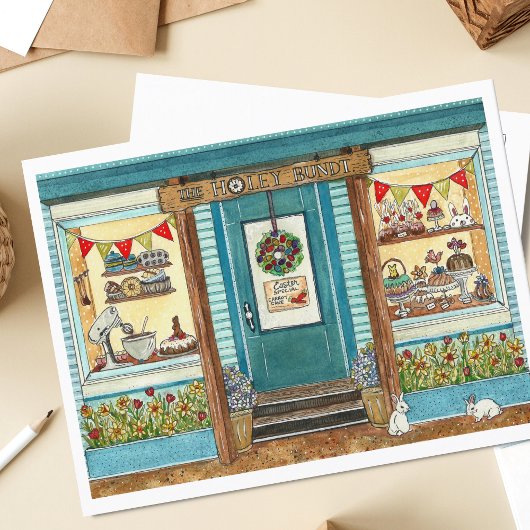 イースターバニーとケーキショップの水彩 ポストカード