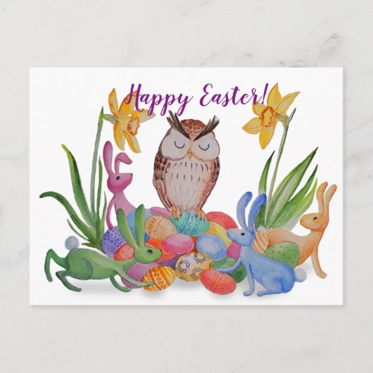 イースターバニーとフクロウ シーズンポストカード (正面)