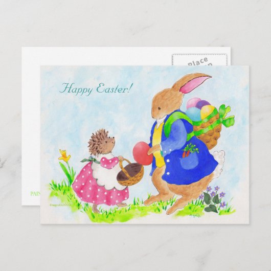 イースターバニーとヘディ・ハリネズミ シーズンポストカード (正面/裏面)
