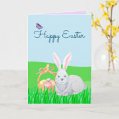 イースターバニーと卵のバスケットのグリーティングカード カード (黄色い花)