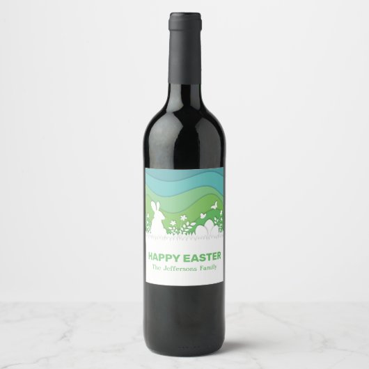 イースターバニーと卵のペーパーカット3d緑の自然 ワインラベル (正面)