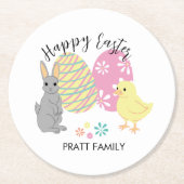 イースターバニーと卵飾付き雛 ラウンドペーパーコースター (正面)