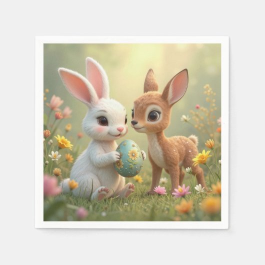 イースターバニーと子鹿の野花 スタンダードカクテルナプキン (正面)