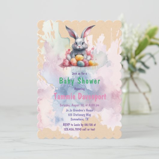 イースターバニーと水の色の卵ベビーシャワー 招待状 (スタンド正面)