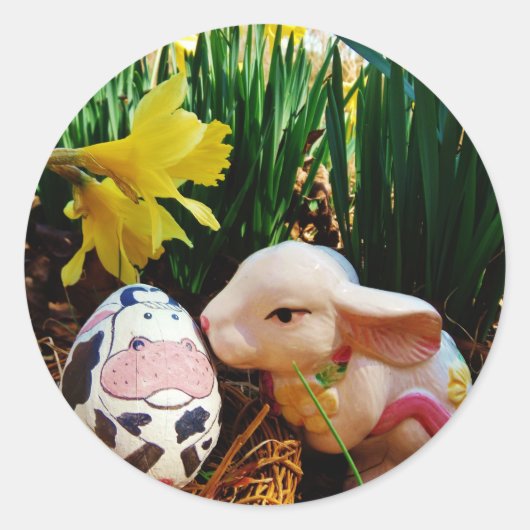 イースターバニーと牛卵 ラウンドシール (正面)