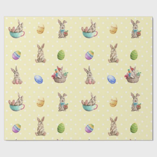 イースターバニーと色付きエッグイエロー水玉模様 ラッピングペーパー (フラット)