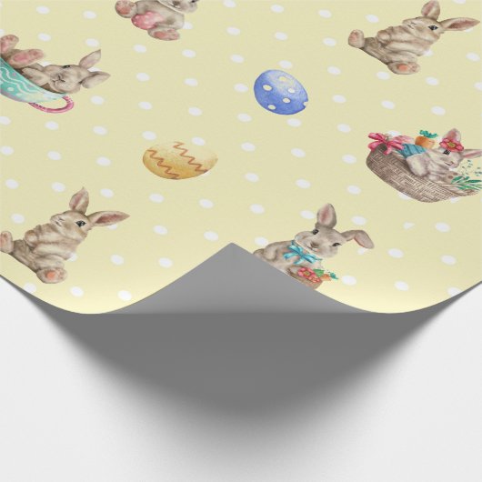 イースターバニーと色付きエッグイエロー水玉模様 ラッピングペーパー (角)