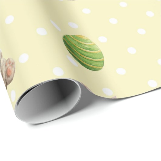 イースターバニーと色付きエッグイエロー水玉模様 ラッピングペーパー (ロールコーナー)