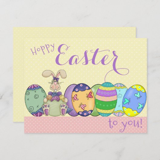 イースターバニーと色付きエッグカー子供へド シーズンカード (正面/裏面)