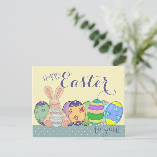 イースターバニーと色付きエッグカー子供へド シーズンカード (スタンド正面)