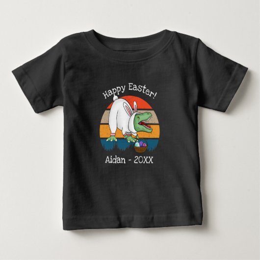 イースターバニーのかぶりものを着た幼児のT-Rexの卵狩り ベビーTシャツ (正面)